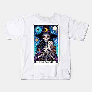 Mystical Night Sky Witch Skeleton and Owl Tarot Kids T-Shirt